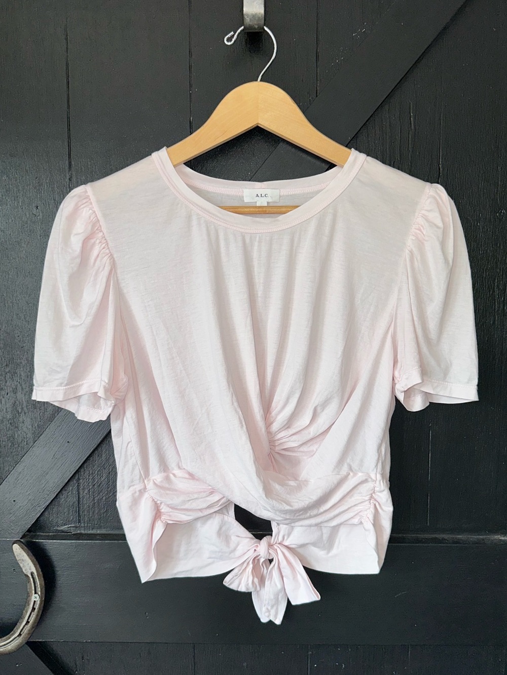 A.L.C. Light Pink Twist Front Tie Back Puff Sleeve Cotton Tee XL